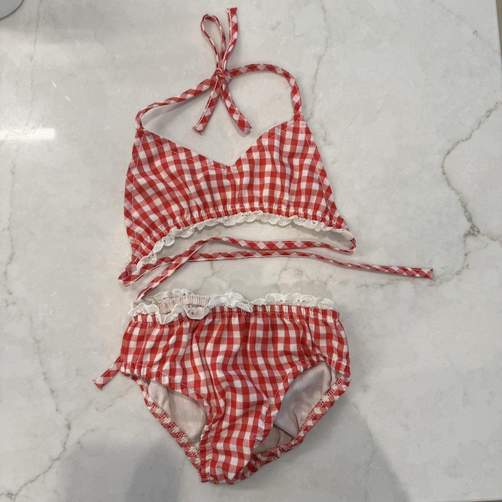 Vintage Girl's Red Gingham 2 Piece Outfit/Swim -Handmade?‎